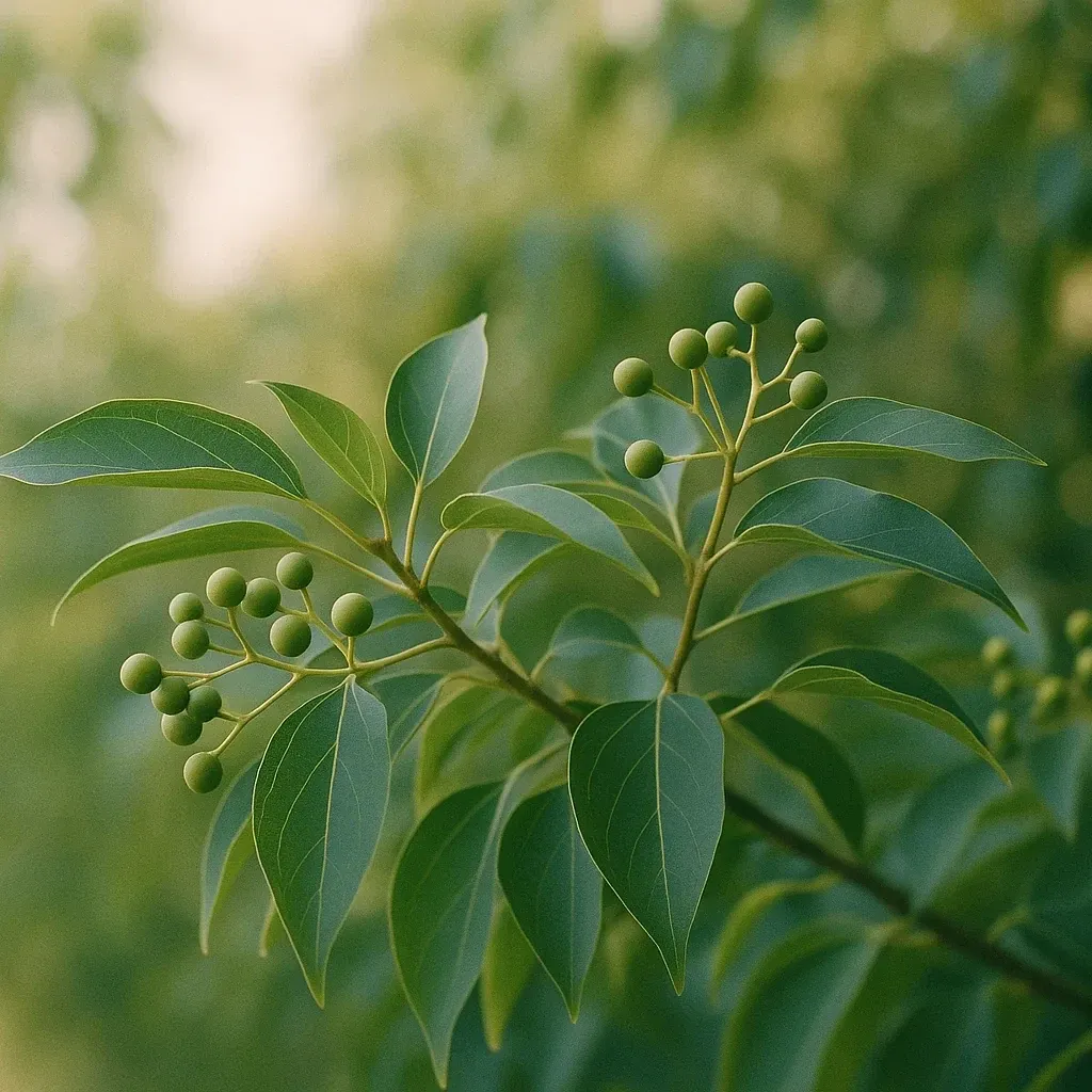 Hojas y frutos del alcanforero en primer plano: de este árbol sale el alcanfor que aporta el frío inicial
