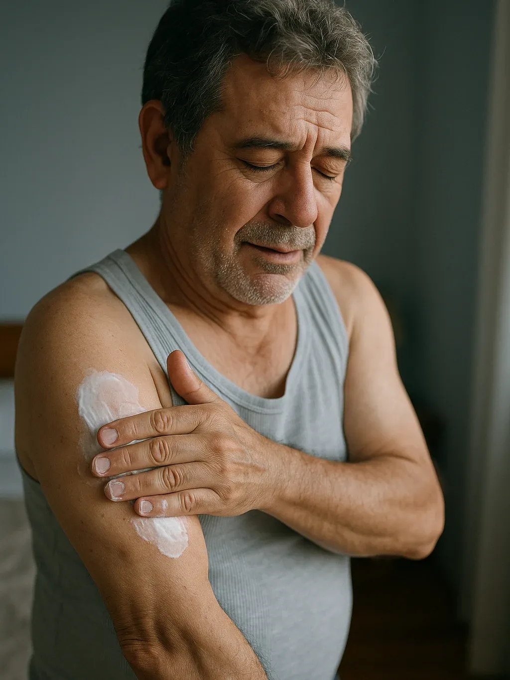 Hombre esparciendo la crema sobre el hombro dolorido, en su dormitorio y sin ayuda