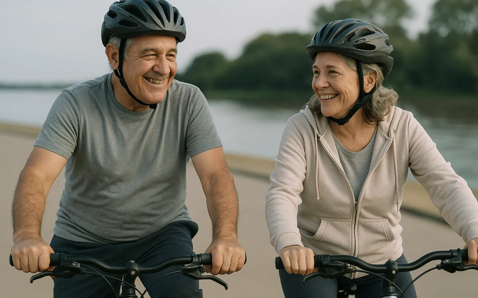 Pareja mayor andando en bicicleta por la costanera, la rutina que se retoma cuando el dolor afloja