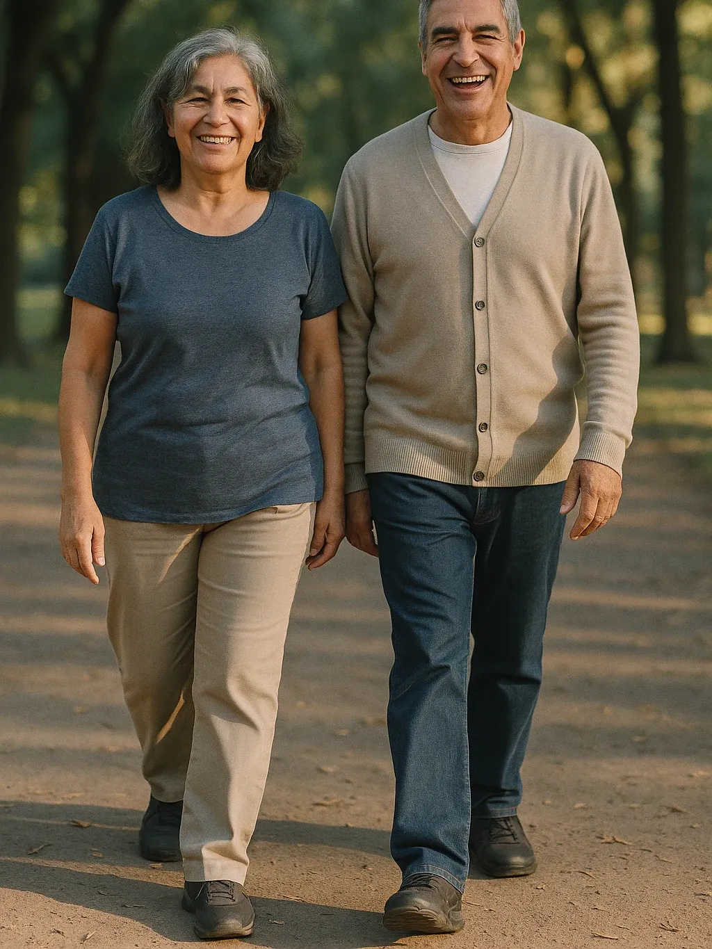 Pareja de más de sesenta años caminando sin dolor por un parque de la Argentina